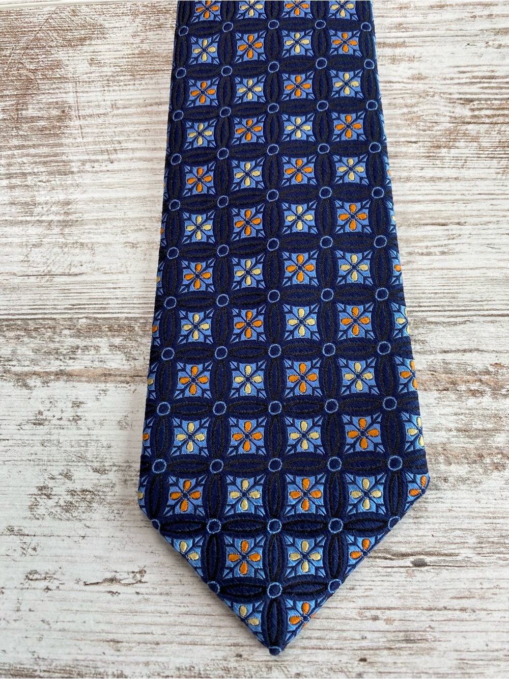 XMI Platinum Vintage 100% Silk Tie Blue Orange Yellow Floral Geometric 59”